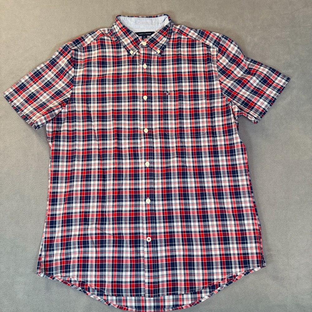 Tommy Hilfiger Men’s Red & Navy Blue Plaid Button Down Casual Shirt- Medium